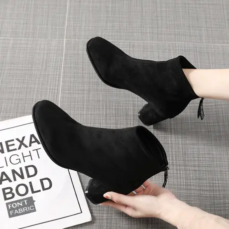 粗跟马丁靴女2023秋冬新款方头高跟鞋短靴裸靴英伦风时尚瘦瘦靴子商品大图