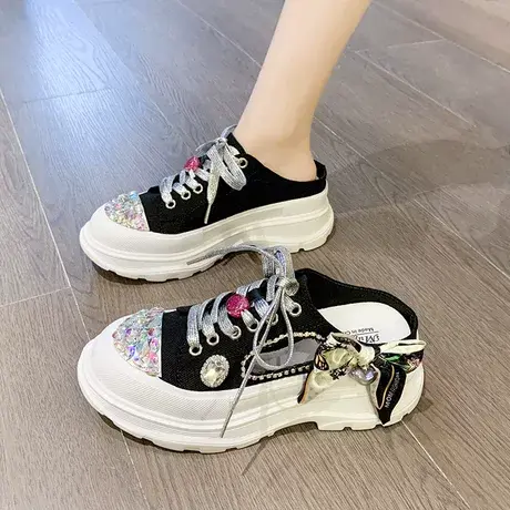 包头半拖鞋女夏外穿厚底一脚蹬懒人鞋2023新款时尚水钻松糕帆布鞋图片