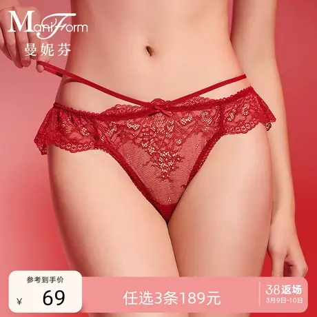 3条189元|曼妮芬蕾丝短裤女低腰三角裤本命年红内裤纯棉底裆底裤商品大图