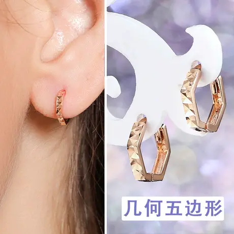 18k玫瑰金耳环钉夹 复古港风耳饰几何不规则骨扣9k二环彩金耳圈女商品大图