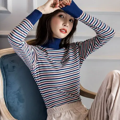 条纹高领打底衫女秋冬加绒加厚长袖T恤双面德绒内搭保暖洋气上衣商品大图