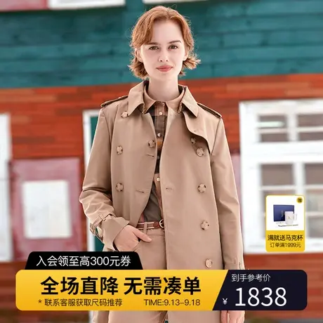Hazzys哈吉斯经典短款双排扣风衣外套女士官方春秋时尚新款大衣图片