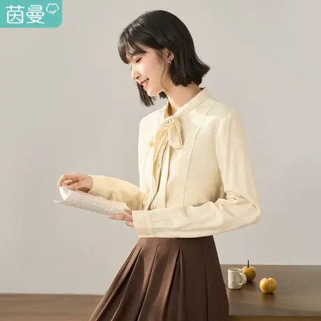 【商场同款】茵曼2023冬女装新款前片定制绣花蝴蝶结系带领子衬衣商品大图