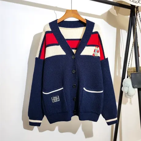 学院风小熊针织开衫女秋冬新款v领韩版宽松慵懒长袖卡通毛衣外套图片