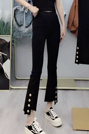 开叉牛仔裤女2023春装新款高腰显瘦小个子黑色微喇叭裤子女九分裤图片