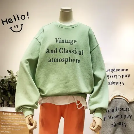 2020早春新款韩国东大门简约文艺森女字母假两件毛圈棉卫衣打底衫图片