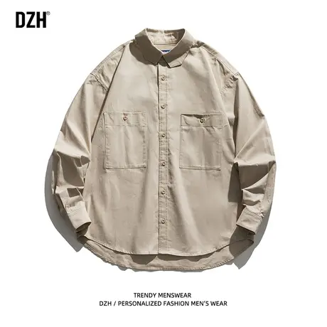 男士卡其色衬衫男长袖春秋高级感男装2023年新款衬衣外套潮牌宽松商品大图