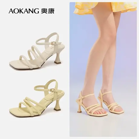 奥康女鞋 夏季新款法式方头缠绕鞋带时装凉鞋露趾中空细高跟图片