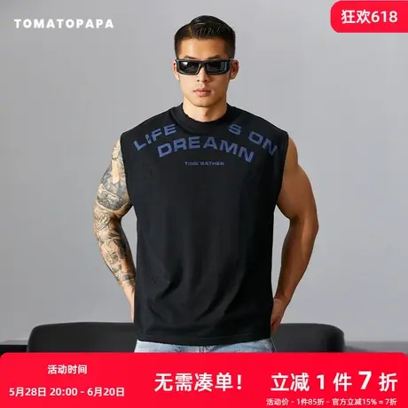 TOMATOPAPA夏背心男士宽松潮牌印花字母国潮时尚运动休闲坎肩体恤商品大图