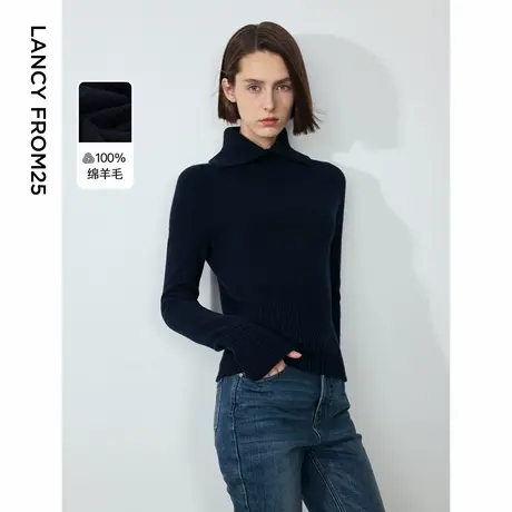 朗姿纯羊毛复古翻领法式设计感修身毛衣女2024年冬季新款毛针织衫商品大图