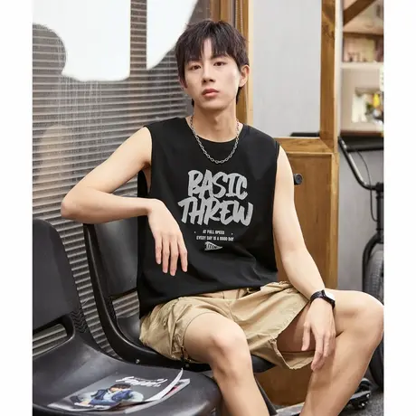 唐狮夏季新款男背心坎肩无袖T恤印花圆领学生纯棉上衣白色潮t商品大图