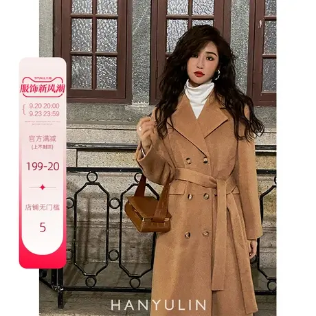 韩语琳年新款复古港风双排扣过膝宽松毛呢加厚呢子大衣外套女商品大图