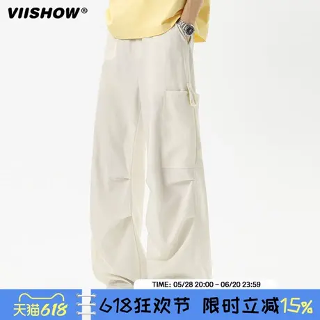 VIISHOW夏季薄款褶皱冰丝裤男款潮流美式宽松直筒休闲工装长裤子商品大图