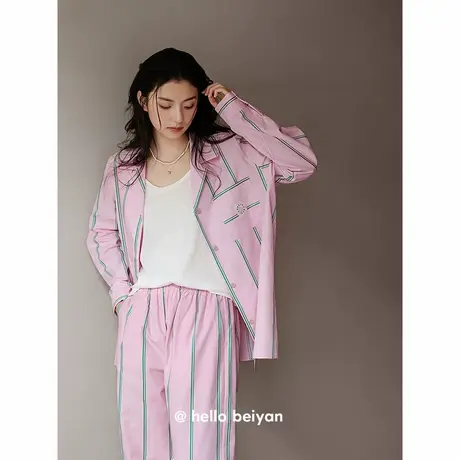 贝妍睡衣新款长袖女春秋柔软棉开衫家居服甜美少女感条纹大码套装商品大图