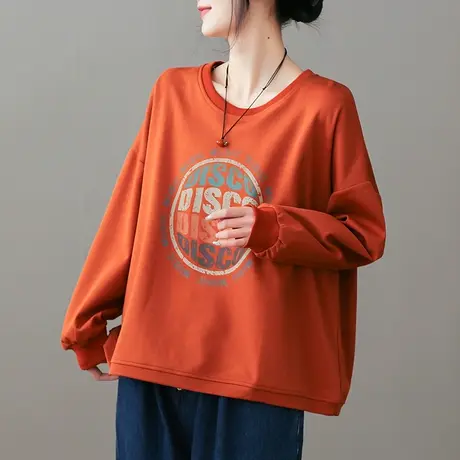 dza 复古圆领纯棉卫衣女士2023春季新款宽松显瘦印花休闲长袖上衣图片