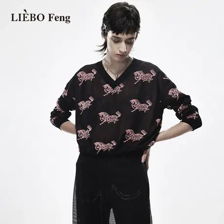 裂帛LIEBOFeng设计师品牌2023年V领慵懒活泼提花藏肉套头针织衫女图片