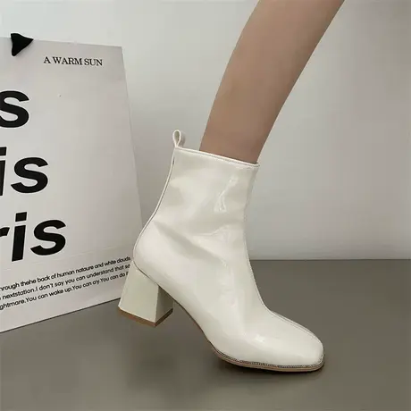 粗跟短靴女2023新款春夏中跟白色高跟马丁靴配裙子时尚气质瘦瘦靴图片