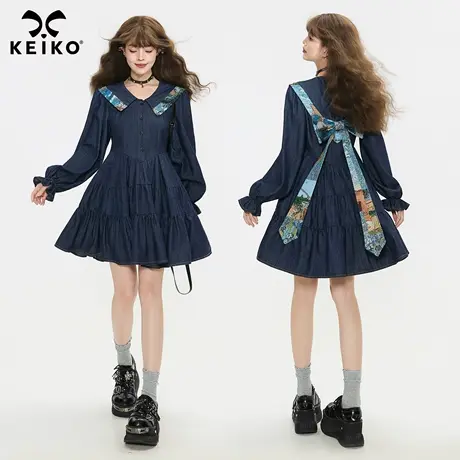 KEIKO 设计感提花蝴蝶结飘带牛仔连衣裙25秋季层叠A字蓬蓬蛋糕裙商品大图