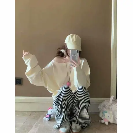 美式高街斜肩长袖卫衣女秋季2025新款宽松慵懒风chic早秋上衣百搭商品大图