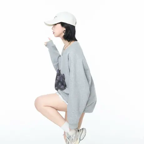 YEP葡萄印花圆领卫衣外套女春秋新款套头宽松oversize无帽上衣潮商品大图