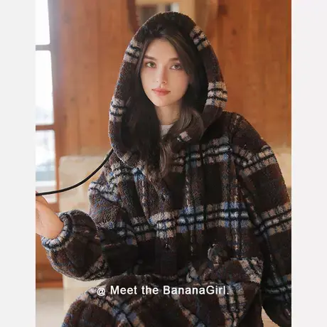 Bananagirl睡衣女套冬季新款加厚加绒格子长款睡袍家居服可外穿暖商品大图
