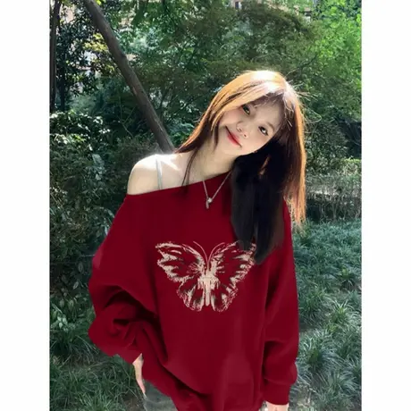 复古美式蝴蝶印花斜领卫衣女秋季2025新款露肩辣妹宽松酒红色上衣商品大图