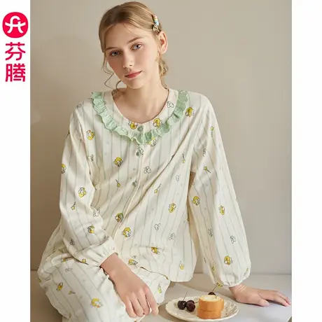 芬腾女士睡衣春秋季纯棉长袖防静电卡通布朗熊可爱休闲家居服套装商品大图
