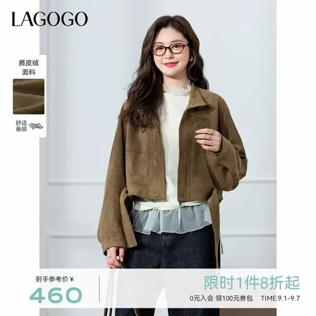 LAGOGO麂皮绒琥珀流光风外套女拉谷谷2025秋新款军绿色蝙蝠袖夹克商品大图
