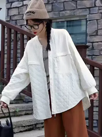 菱格棒球服外套女中长款2023秋冬装新款宽松显瘦大码立领外套潮款商品大图