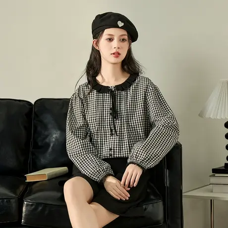 唐狮格子衬衫女花边领赫本风春秋新款宽松衬衣甜美娃娃领上衣商品大图