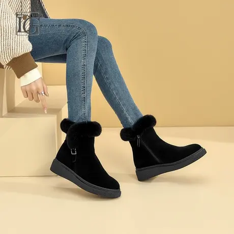 磨砂皮黑色短靴女真皮2023年新款冬季加绒加厚短筒靴子厚底雪地靴商品大图