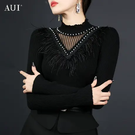 AUI黑色设计感高级修身打底针织衫女2023年秋冬新款小众气质上衣商品大图