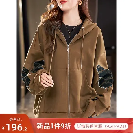 宝诗黎蕾丝拼接连帽拉链卫衣女2023秋季新款落肩长袖棉质口袋外套商品大图