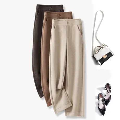 羊毛呢裤子女秋冬新款高档人字纹翻边窄版直筒宽松垂感软糯阔腿裤图片