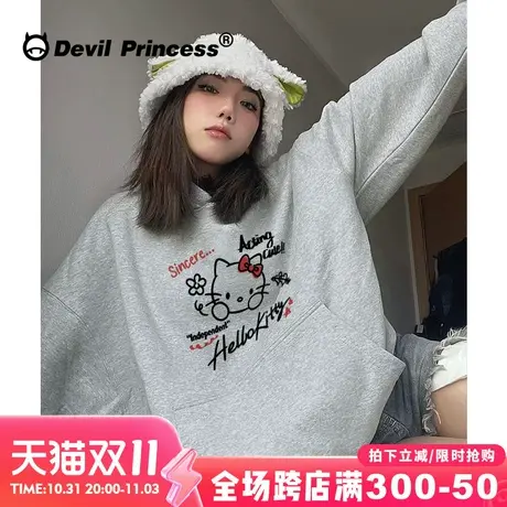 2023秋冬新款简约风韩系卡通印花灰色卫衣女宽松超好看帽衫外套潮图片