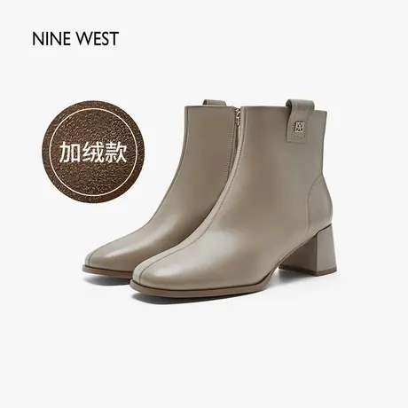 Nine West/玖熙圆头侧拉链瘦瘦靴2023年冬季新款真皮显瘦加绒短靴商品大图