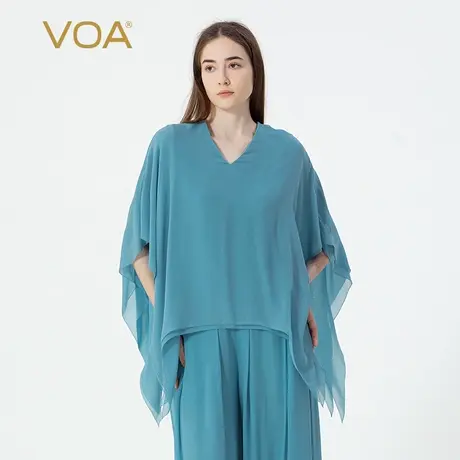 VOA真丝提花22姆米椰蓝色V领撞料乔其拼接对丝工艺鱼尾摆宽松T恤图片