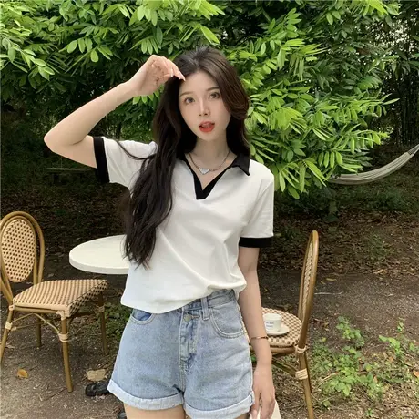 正肩短袖t恤女2023夏季新款体恤流行V领修身显瘦百搭polo翻领上衣商品大图