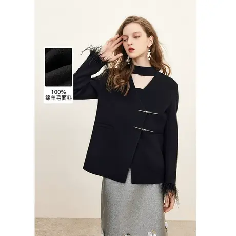 MISSCOCOON新中式羊毛金属扣短款女2023秋季新款v领冬装呢大衣女商品大图