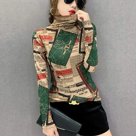 半高领打底衫女春秋报纸印花T恤女长袖紧身内搭上衣洋气网纱小衫商品大图
