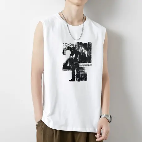 纯棉白色背心男潮夏季薄款跨栏坎肩宽肩无袖t恤汗衫运动篮球健身商品大图