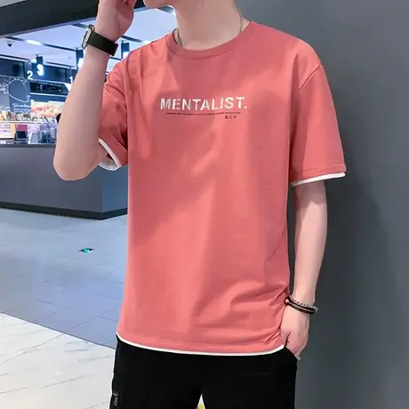 假两件冰丝短袖t恤男士夏季潮流潮牌红色半袖体恤个性凉感上衣服图片