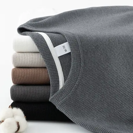 2024秋季新款华夫格卫衣男士保暖加绒加厚圆领纯色无帽衫长袖t恤商品大图