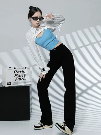 潮流高腰直筒牛仔裤女2023春秋新款简约百搭显瘦阔腿牛仔裤潮ins图片