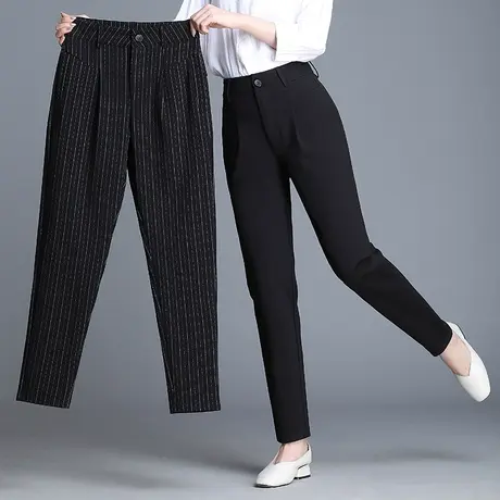 哈伦裤女2023春秋款长裤大码宽松显瘦条纹萝卜裤高腰黑色休闲西裤图片