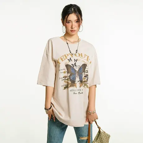 t恤女美式复古蝴蝶纯棉短袖夏装潮牌设计感oversize休闲体恤上衣图片
