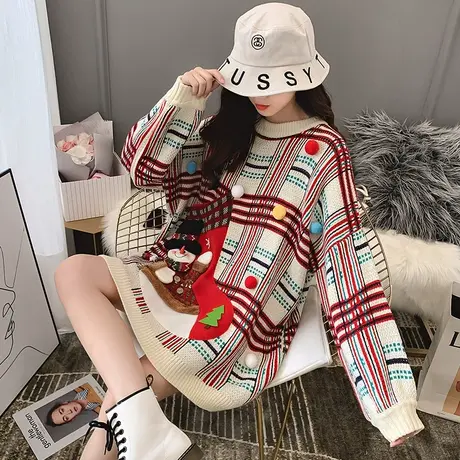 毛衣2024年新款女装春秋季女士春装春款圣诞毛衣宽松打底衫中长款商品大图