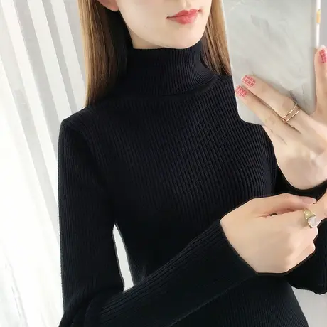 黑色打底衫女新款修身紧身针织衫上衣短款内搭秋冬季高领毛衣套头商品大图
