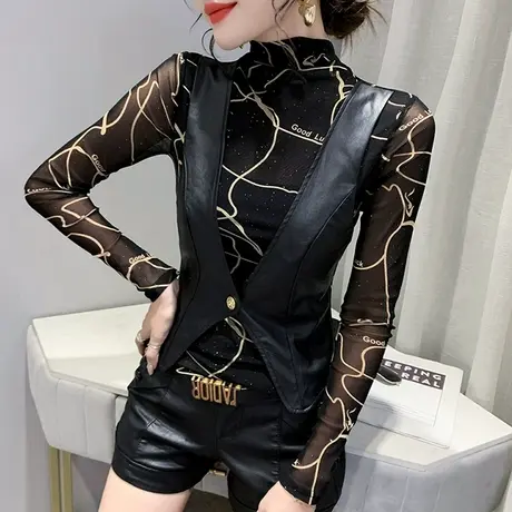 网纱拼接皮马甲T恤女长袖欧货假两件半高领打底衫春季洋气质上衣图片