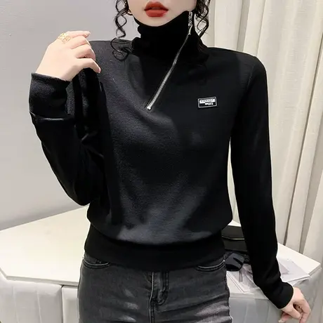 设计感拉链翻领上衣女士秋冬2024新款百搭气质打底衫显瘦长袖T恤商品大图